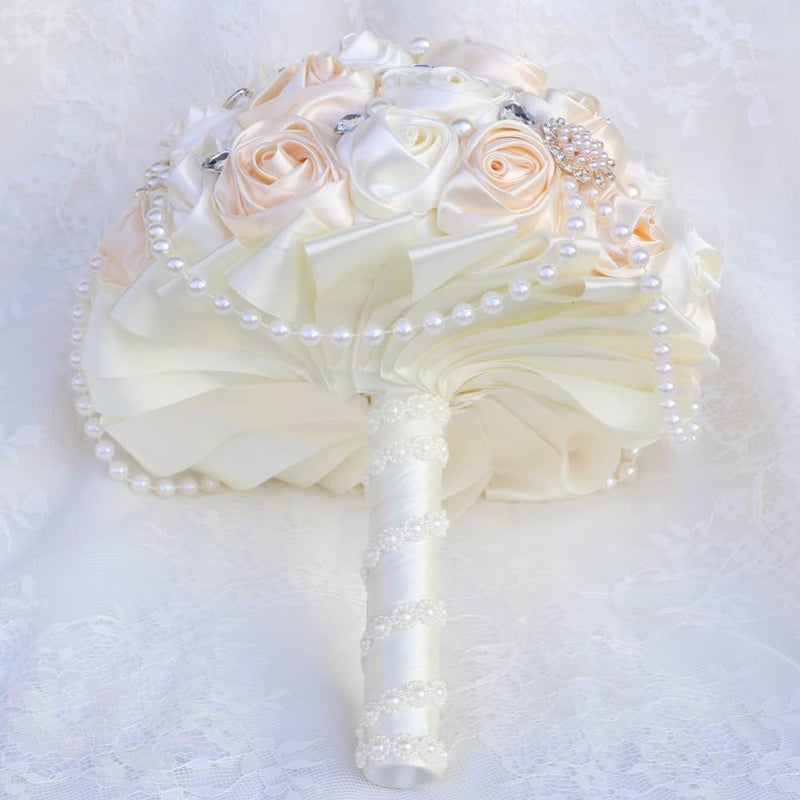 Gkvszy Ivory and Champagne Bridal Wedding Bouquet with Rhinestone Brooch Pearl String Cascade Bouquet for Bride Bridesmaid Quinceanera Satin Rose Flower Bouquet Wedding Champagne and Ivory 8.7in - Image 3