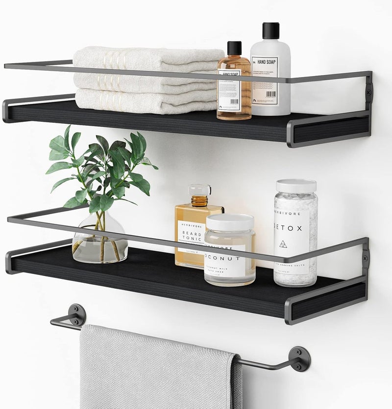 Forbena Black Floating Shelves for Bathroom Wall Set of 2, Kitchen Spice Rack Wall Mount, Modern Wood Hanging Wall Shelves for Bedroom Organizer, Restroom Pantry Closet Storage (Grey-Black) - Image 1