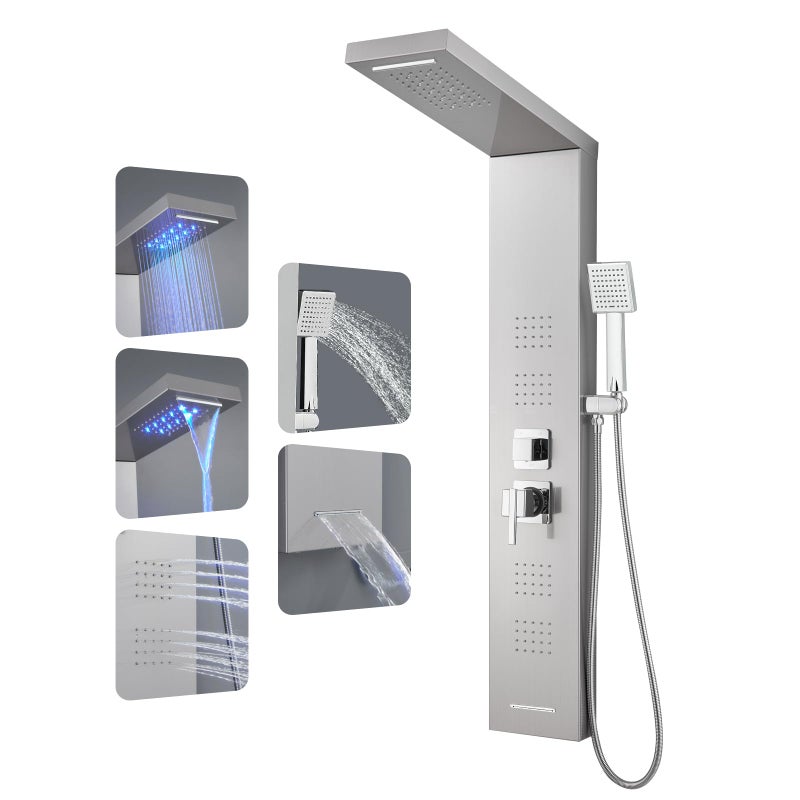 ROVOGO LED Shower Panel Tower System, 5-Function Shower Column with Rainfall Waterfall Shower Head, 4 Body Jets, Handheld and Tub Spout, Stainless Steel Brushed - Image 1