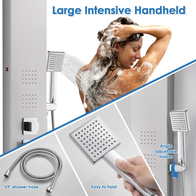 ROVOGO LED Shower Panel Tower System, 5-Function Shower Column with Rainfall Waterfall Shower Head, 4 Body Jets, Handheld and Tub Spout, Stainless Steel Brushed - Image 4