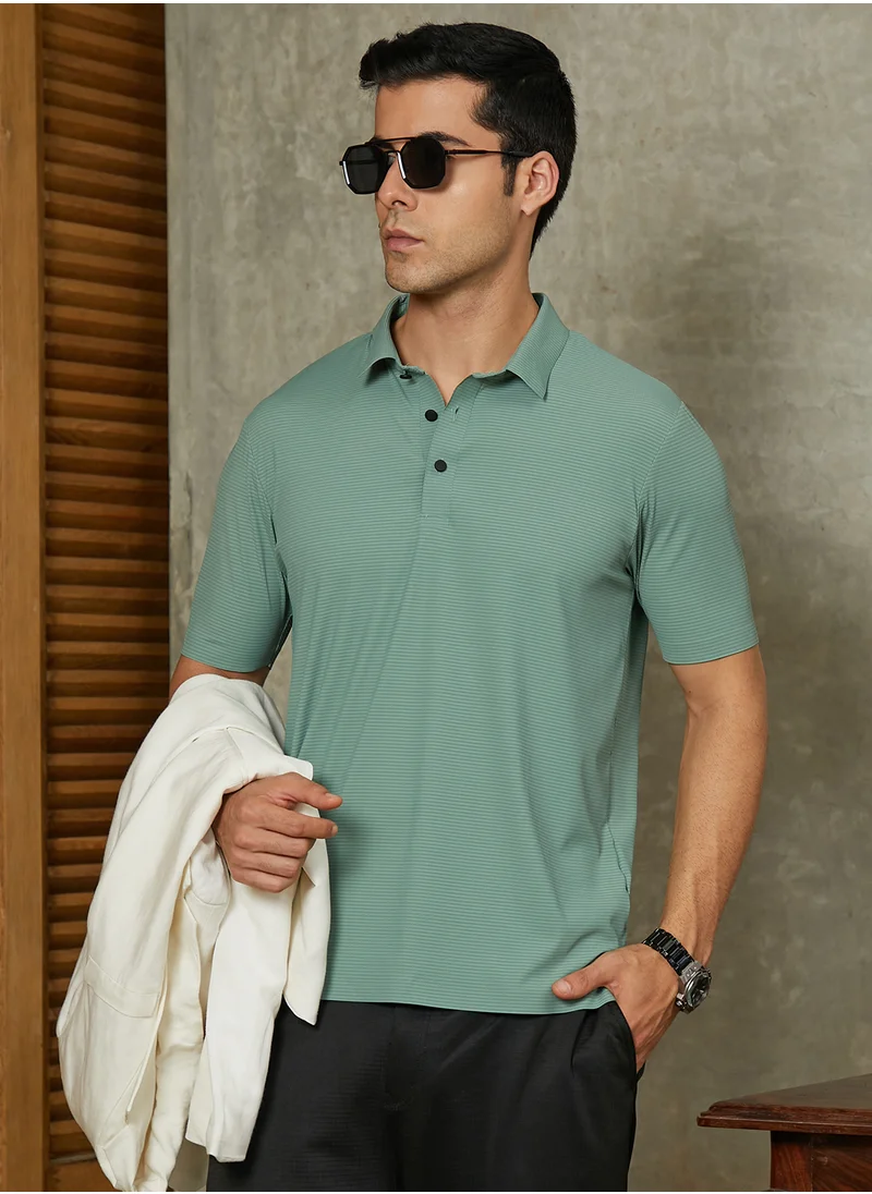 كامبوس سوترا Campus Sutra Men's Sea Green Seamless Striped Polo T-Shirt For Casual Wear | Polo Neck | Short Regular Sleeves | Button Closure | T-Shirt Crafted With Comfort Fit For Everyday Wear