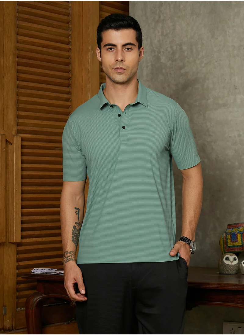 كامبوس سوترا Campus Sutra Men's Sea Green Seamless Striped Polo T-Shirt For Casual Wear | Polo Neck | Short Regular Sleeves | Button Closure | T-Shirt Crafted With Comfort Fit For Everyday Wear