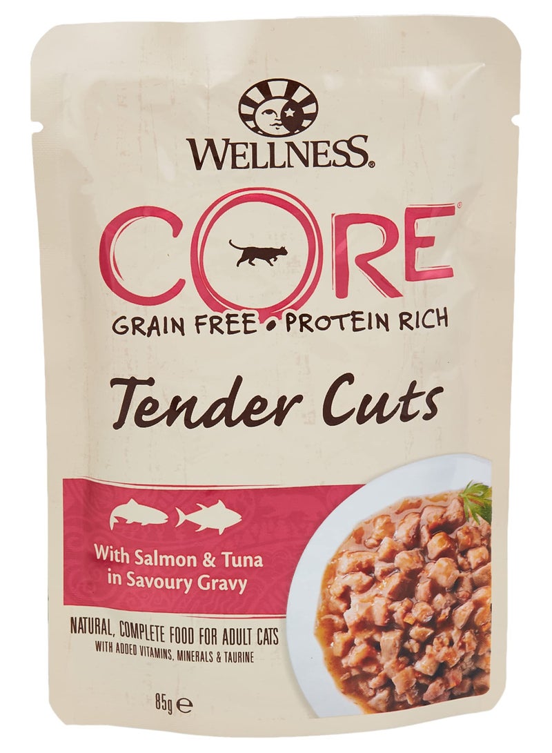 طعام رطب قطع طرية مع السلمون والتونة في مرق لذيذ للقطط من ويلنيس كور - 85 جرام - 8 قطع