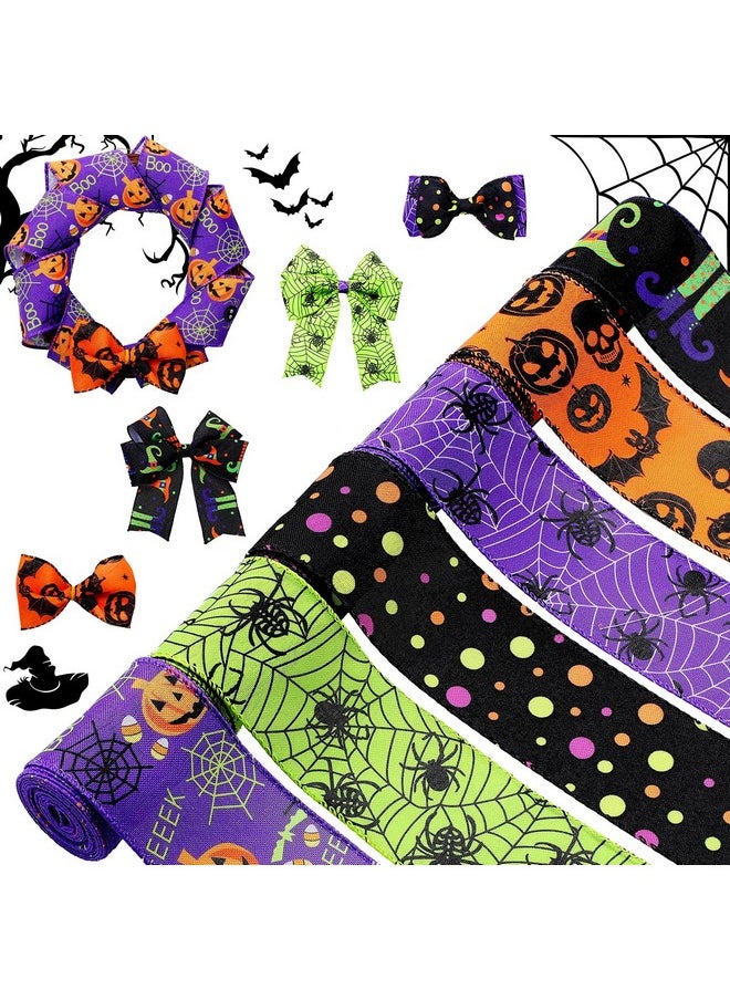Chuangdi - 6 Rolls 30 Yards Halloween Wired Edge Ribbons Bat Spider Web Printed Ribbon Witch Legs Hat Skull Pumpkin Ribbons Halloween Decorative Wrapping Ribbon For Halloween Home Wreath Diy Craft Floral Bow - Image 1