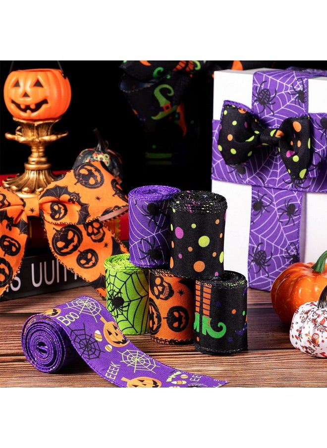 Chuangdi - 6 Rolls 30 Yards Halloween Wired Edge Ribbons Bat Spider Web Printed Ribbon Witch Legs Hat Skull Pumpkin Ribbons Halloween Decorative Wrapping Ribbon For Halloween Home Wreath Diy Craft Floral Bow - Image 1