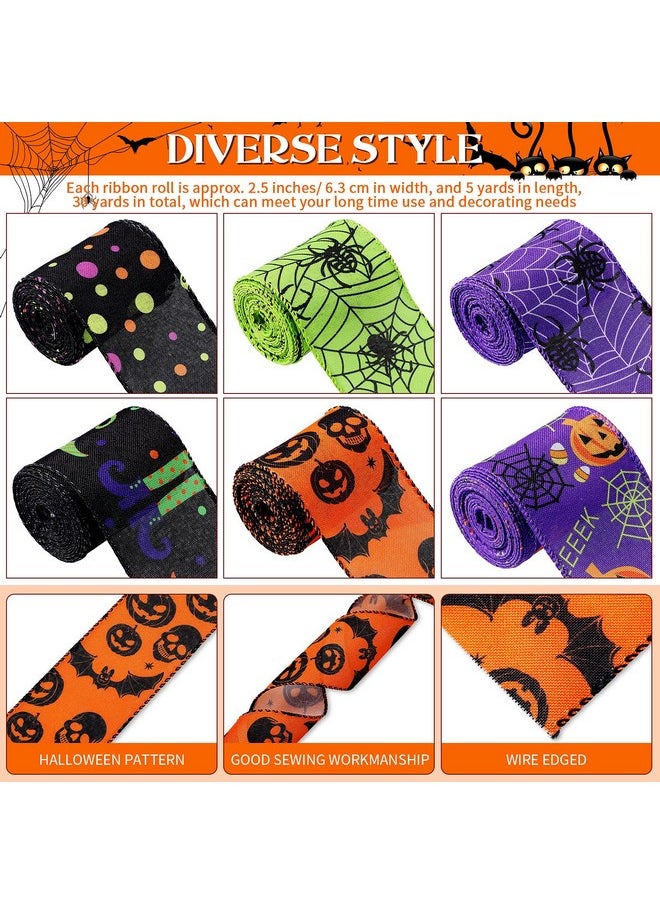 Chuangdi - 6 Rolls 30 Yards Halloween Wired Edge Ribbons Bat Spider Web Printed Ribbon Witch Legs Hat Skull Pumpkin Ribbons Halloween Decorative Wrapping Ribbon For Halloween Home Wreath Diy Craft Floral Bow - Image 1