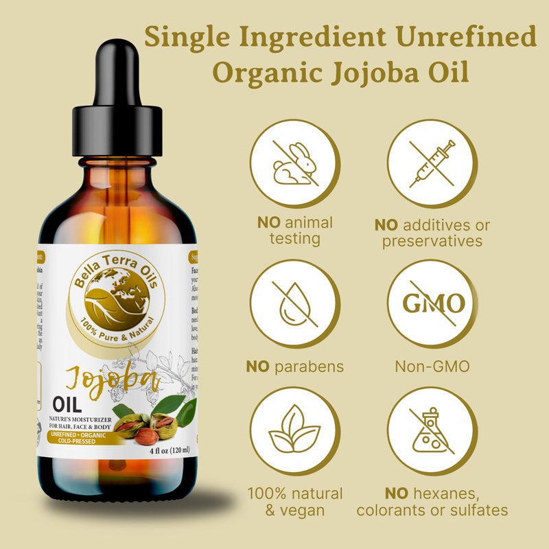 Bella Terra Oils - Organic Jojoba Oil 4oz - Cold-Pressed Excellence, Non-Comedogenic, Bathed in Vitamin C & E, For Those Seeking the Best Oils for Skin - Image 4