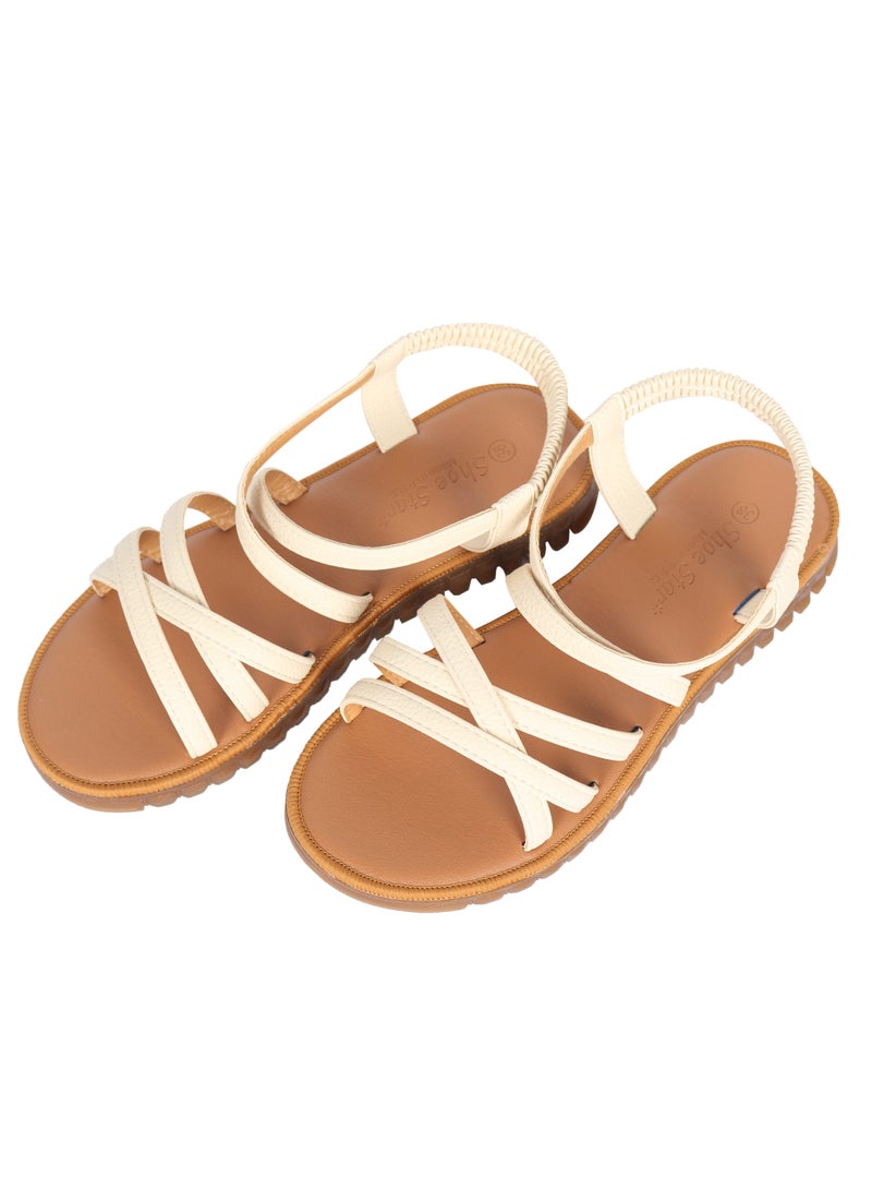 Ladies Flat Sandal Tan/White with straps Open Toe, Casual, Soft  - Image 1