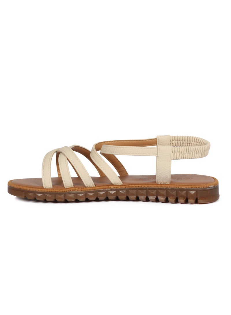 Ladies Flat Sandal Tan/White with straps Open Toe, Casual, Soft  - Image 3