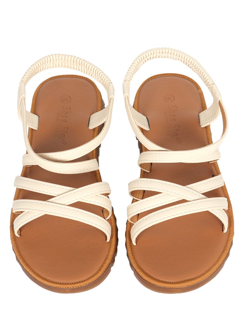 Ladies Flat Sandal Tan/White with straps Open Toe, Casual, Soft  - Image 2