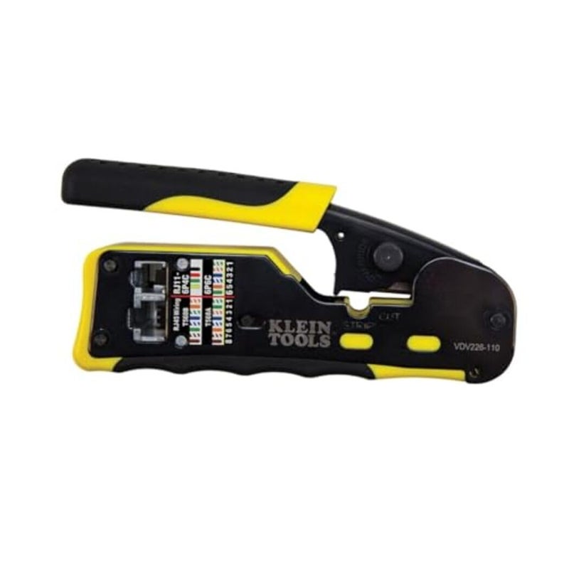 Klein Tools VDV226-110 Ratcheting Modular Data Cable Crimper / Wire Stripper / Wire Cutter for RJ11/RJ12 Standard, RJ45 Pass-Thru Connectors - Image 1