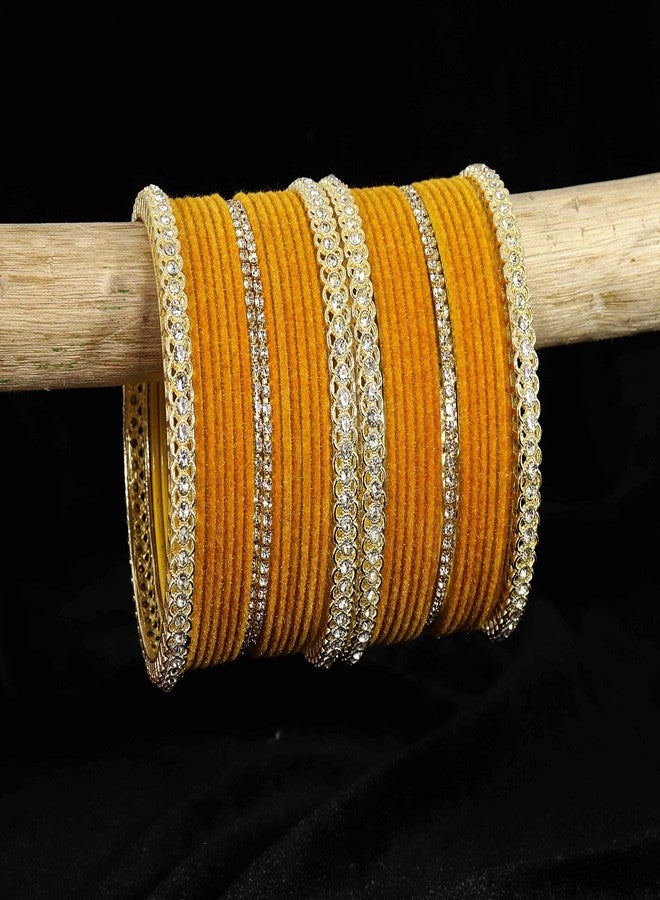LAVAZZA Gold Plated Metal Velvet Bangles Short Bangles Set For Women & Girls with Zircon Gemstone | Bangles for Women Yellow | Yellow Bangles | Shadi Wear Bangles | Set of 32 -(LV_FMS6-Yellow-2.6) - Image 3