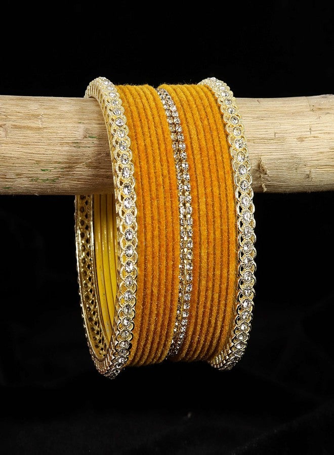 LAVAZZA Gold Plated Metal Velvet Bangles Short Bangles Set For Women & Girls with Zircon Gemstone | Bangles for Women Yellow | Yellow Bangles | Shadi Wear Bangles | Set of 32 -(LV_FMS6-Yellow-2.6) - Image 2