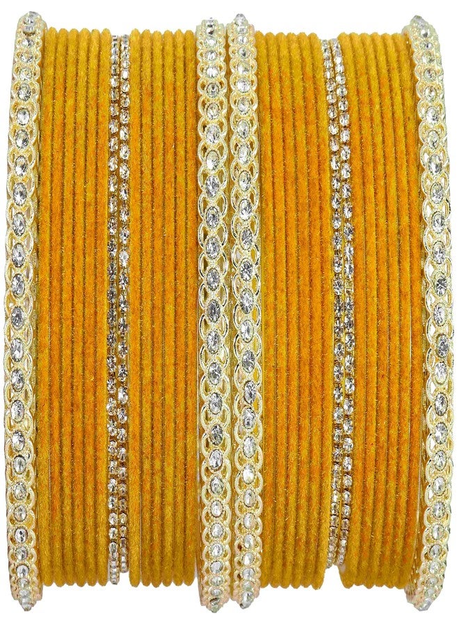 LAVAZZA Gold Plated Metal Velvet Bangles Short Bangles Set For Women & Girls with Zircon Gemstone | Bangles for Women Yellow | Yellow Bangles | Shadi Wear Bangles | Set of 32 -(LV_FMS6-Yellow-2.6) - Image 1