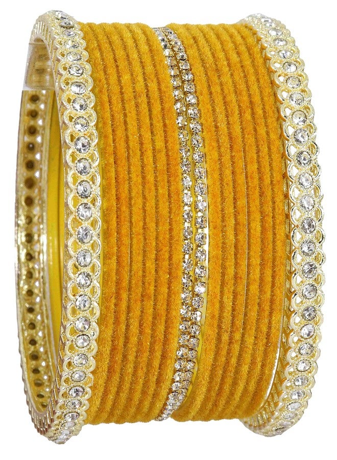 LAVAZZA Gold Plated Metal Velvet Bangles Short Bangles Set For Women & Girls with Zircon Gemstone | Bangles for Women Yellow | Yellow Bangles | Shadi Wear Bangles | Set of 32 -(LV_FMS6-Yellow-2.6) - Image 4