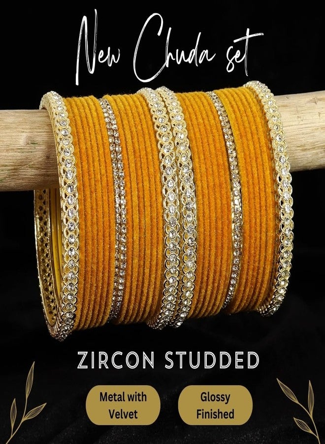 LAVAZZA Gold Plated Metal Velvet Bangles Short Bangles Set For Women & Girls with Zircon Gemstone | Bangles for Women Yellow | Yellow Bangles | Shadi Wear Bangles | Set of 32 -(LV_FMS6-Yellow-2.6) - Image 5