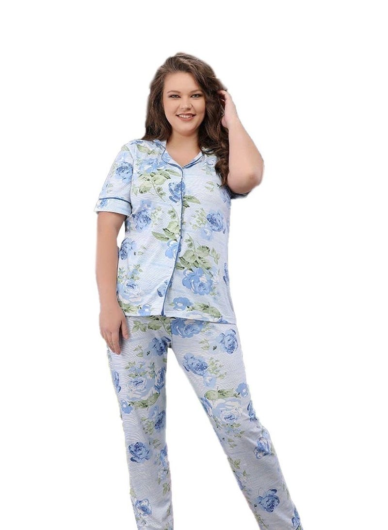Ganna Women's short-sleeved pyjamas with buttons and summer long pants made of cotton large sizes 