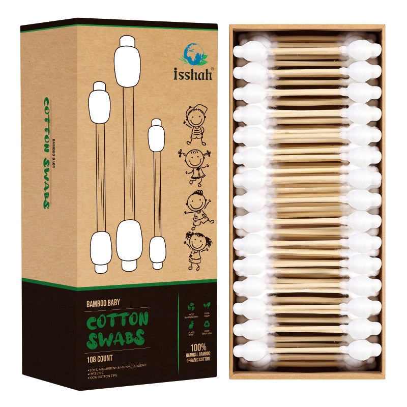 Isshah Baby Cotton Swabs  108 Count  FSC Certified and PETA Approved Bamboo Handle Cotton Tips 100 Biodegradable Gentle Eco Friendly Double Tips Plastic Free Safety Baby Cotton Buds by Isshah
