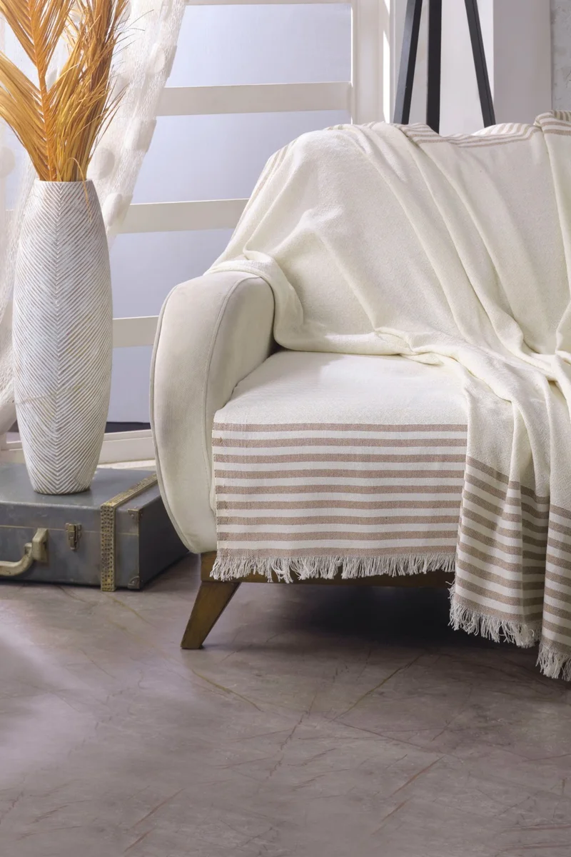 Lux Touch Olimpos Ecru Sofa Cover 180 x 200 cm Sofa Sofa Bed Divan Armchair Cover Cotton Tassels