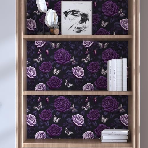 BOKEBEVE Dark Purple Floral Wallpaper Butterfly Contact Paper Renter Friendly Wallpaper for Backsplash Shelf Liner Cabinet Countertop Removable 17.5 x 118In - Image 3