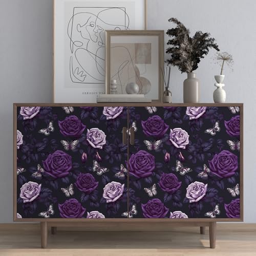 BOKEBEVE Dark Purple Floral Wallpaper Butterfly Contact Paper Renter Friendly Wallpaper for Backsplash Shelf Liner Cabinet Countertop Removable 17.5 x 118In - Image 2