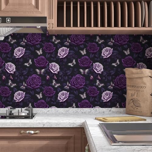 BOKEBEVE Dark Purple Floral Wallpaper Butterfly Contact Paper Renter Friendly Wallpaper for Backsplash Shelf Liner Cabinet Countertop Removable 17.5 x 118In - Image 5