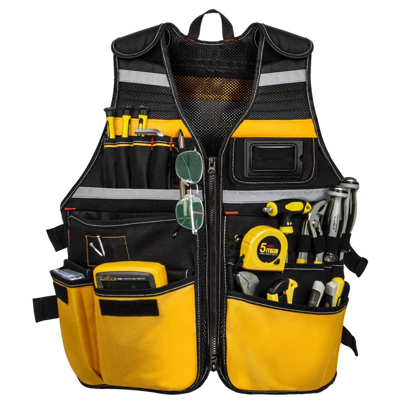 TooCust Electrician Tool Vest, Tool Vest for Men, Tool Vest Electrician with Drill Holster, 17 Storage Spaces, 1680D Heavy Duty Adjustable Work Vest with Reflective Strips, Yellow - Image 1