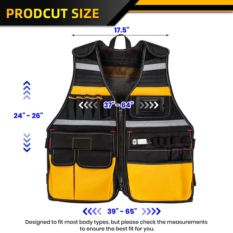 TooCust Electrician Tool Vest, Tool Vest for Men, Tool Vest Electrician with Drill Holster, 17 Storage Spaces, 1680D Heavy Duty Adjustable Work Vest with Reflective Strips, Yellow - Image 3