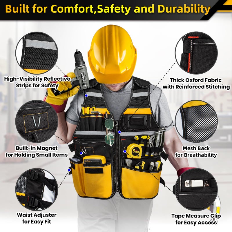 TooCust Electrician Tool Vest, Tool Vest for Men, Tool Vest Electrician with Drill Holster, 17 Storage Spaces, 1680D Heavy Duty Adjustable Work Vest with Reflective Strips, Yellow - Image 5