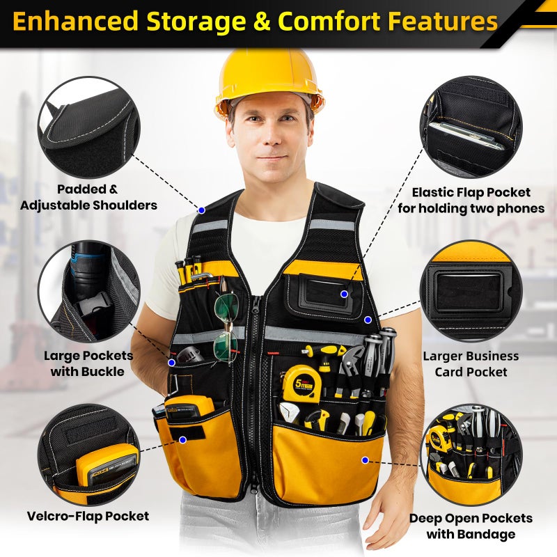 TooCust Electrician Tool Vest, Tool Vest for Men, Tool Vest Electrician with Drill Holster, 17 Storage Spaces, 1680D Heavy Duty Adjustable Work Vest with Reflective Strips, Yellow - Image 4