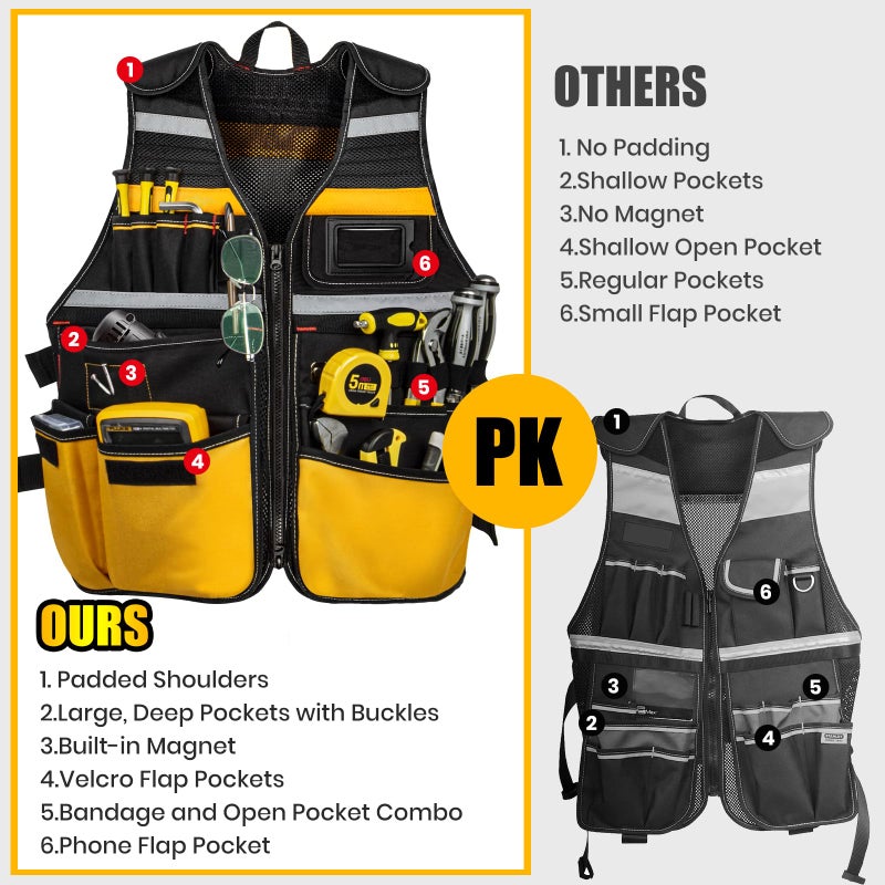 TooCust Electrician Tool Vest, Tool Vest for Men, Tool Vest Electrician with Drill Holster, 17 Storage Spaces, 1680D Heavy Duty Adjustable Work Vest with Reflective Strips, Yellow - Image 2