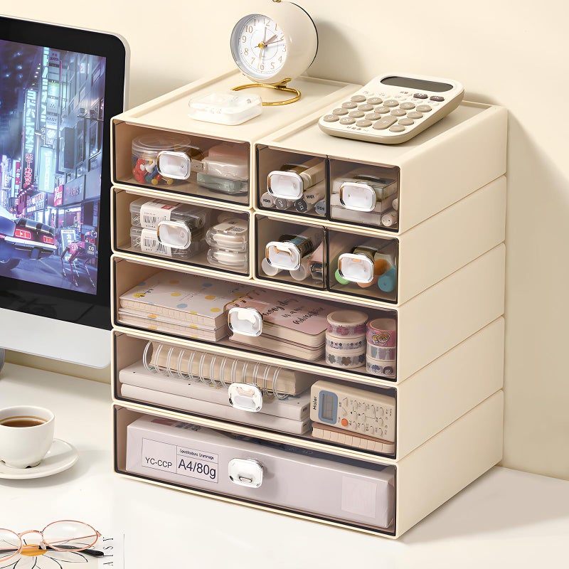 OSteed Spacious Desktop Storage Box, 2 Large Storage Drawers, Stackable Office Desk Drawer Organizer and Accessories, Printer Paper Organizer, Cream Plastic Drawers for Workspace - Image 2