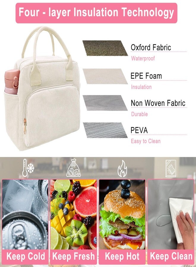 Beurlike Insulated Lunch Bag for Women Men Large Corduroy Cute Portable Leakproof Reusable Cooler Tote Lunch Bags for Work Picnic Beach(Beige) - Image 3