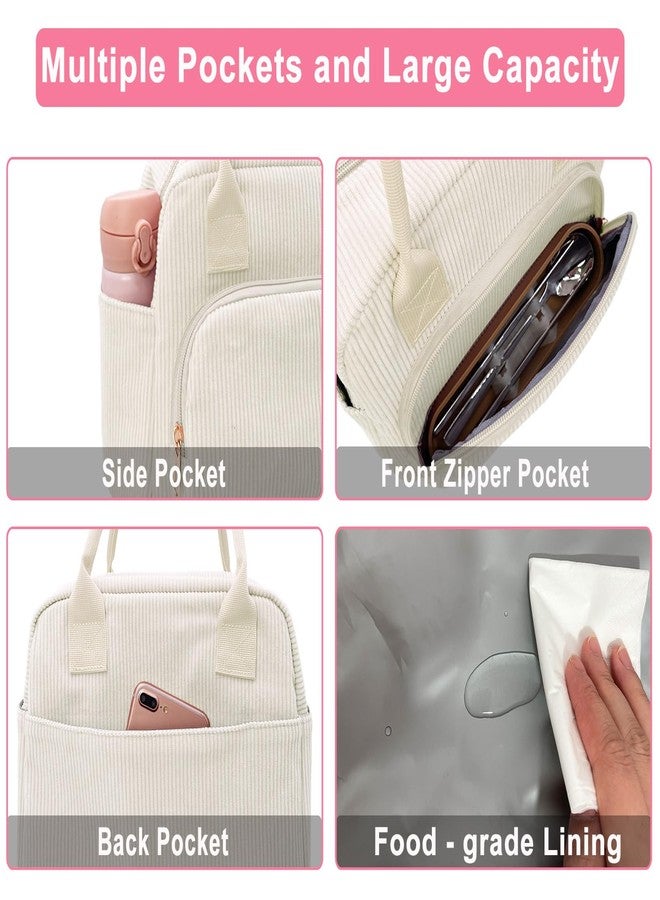 Beurlike Insulated Lunch Bag for Women Men Large Corduroy Cute Portable Leakproof Reusable Cooler Tote Lunch Bags for Work Picnic Beach(Beige) - Image 4