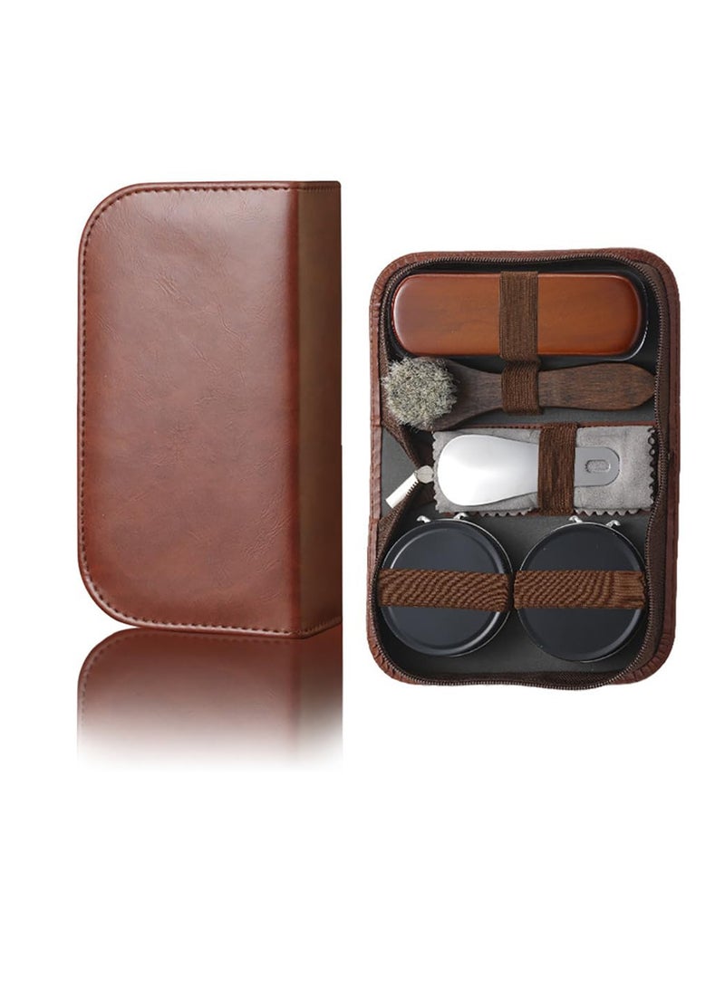 Excefore طقم تلميع الأحذية للسفر، طقم العناية بالأحذية الكامل مع ملمع أحذية أسود وأبيض، للاستخدام في المنزل والسفر، يشمل الفرش، والملمعات، والأقمشة، والبوق، وصندوق جلد، لعشاق الأحذية الجلدية - Image 1