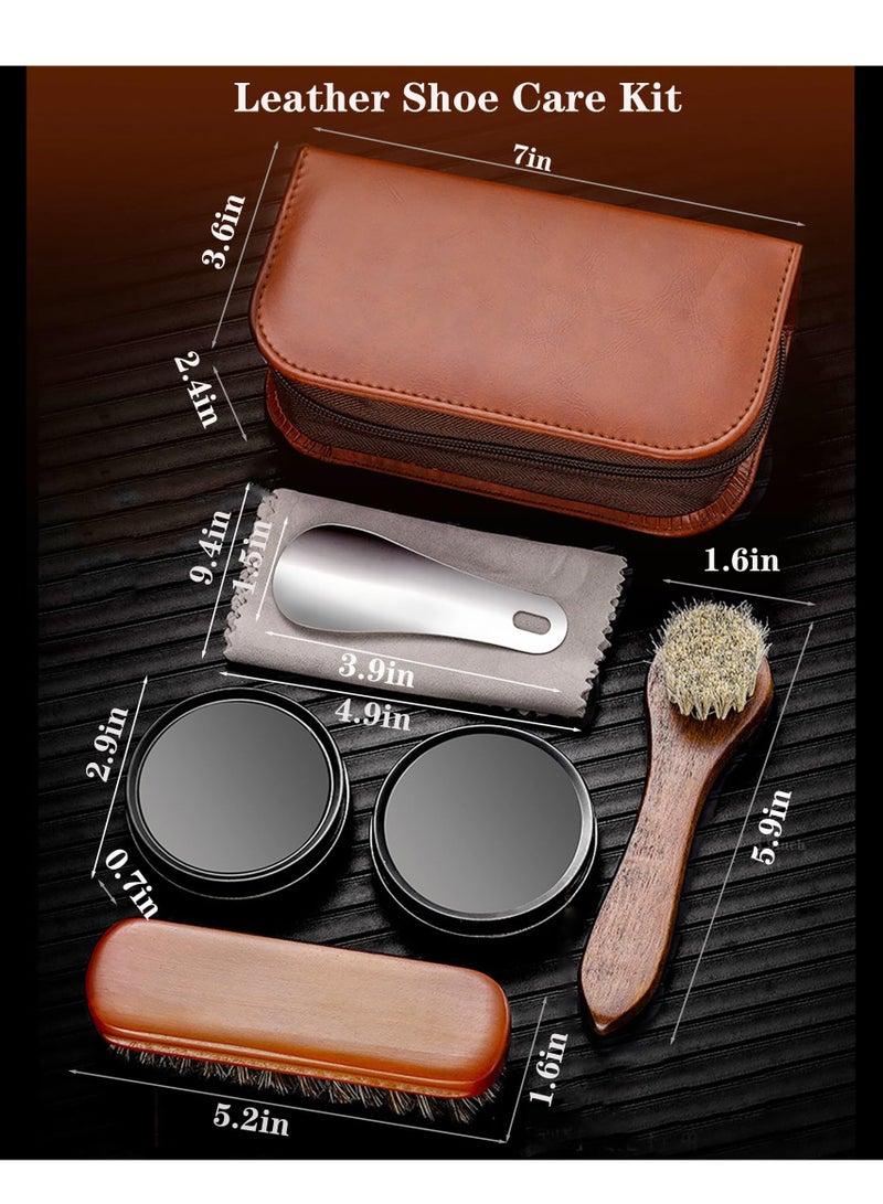 Excefore طقم تلميع الأحذية للسفر، طقم العناية بالأحذية الكامل مع ملمع أحذية أسود وأبيض، للاستخدام في المنزل والسفر، يشمل الفرش، والملمعات، والأقمشة، والبوق، وصندوق جلد، لعشاق الأحذية الجلدية - Image 5