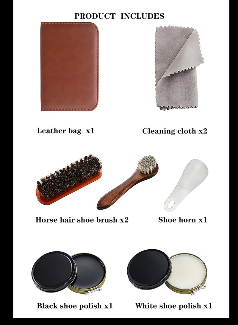Excefore طقم تلميع الأحذية للسفر، طقم العناية بالأحذية الكامل مع ملمع أحذية أسود وأبيض، للاستخدام في المنزل والسفر، يشمل الفرش، والملمعات، والأقمشة، والبوق، وصندوق جلد، لعشاق الأحذية الجلدية - Image 4