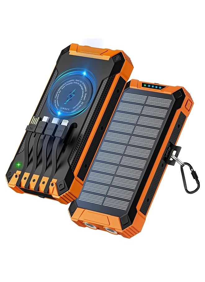 Generic - Solar Power Bank 26800Mah With 4 Cables Wireless Solar Charger 6 Outputs 3 Inputs Portable Power Bank Fast Charging Usb C 15W Built In Camping Flashlight Carabiner For Outdoors Orange - Image 1