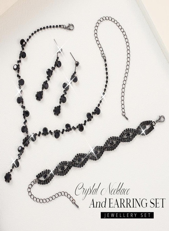 Unicra Black Wedding Jewelry Sets Bridal Rhinestone Necklace Earrings Bracelet Set Formal Prom Indian Costume Jewelry Set for Women and Brides - Image 3