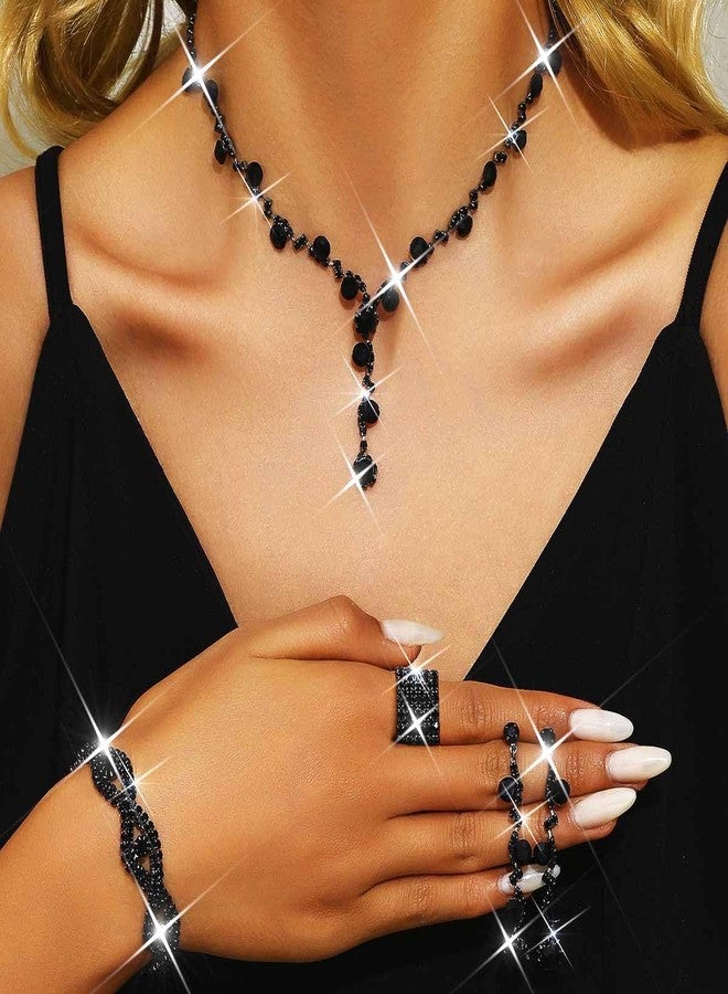 Unicra Black Wedding Jewelry Sets Bridal Rhinestone Necklace Earrings Bracelet Set Formal Prom Indian Costume Jewelry Set for Women and Brides - Image 2