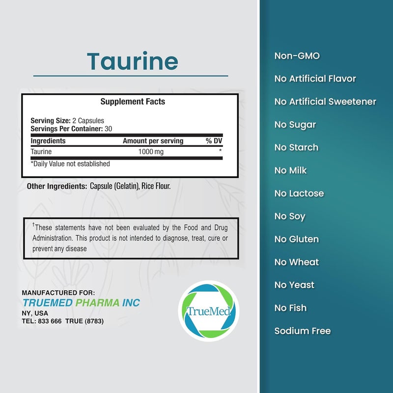 TRUEMED Taurine 1000mg with Magnesium Glycinate  Alpha Lipoic Acid  Supports Natural Energy Focus  Wellness  CaffeineFree NonStimulant Antioxidant Support  60 Capsules Made in USA - Image 3