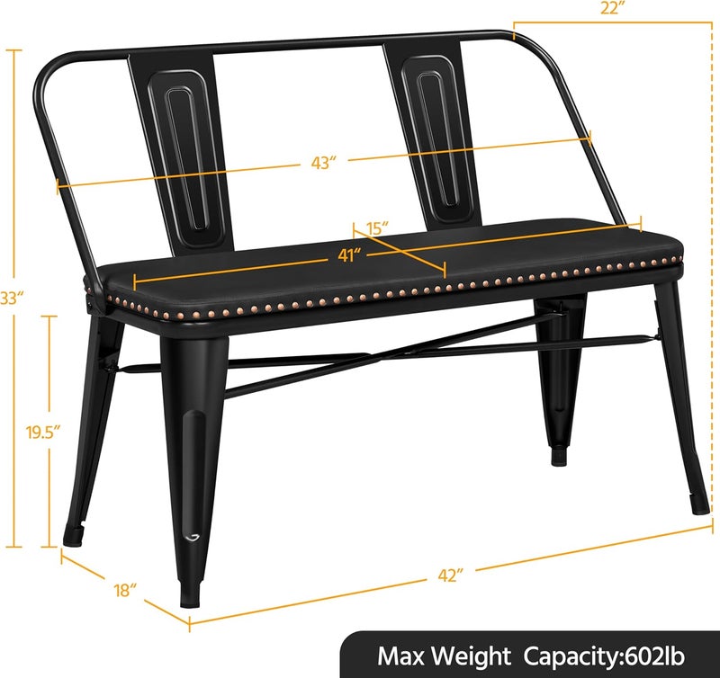 Yaheetech Yaheetech Dining Bench Farmhouse Metal Kitchen Chair Upholstered Dining Room Long Seat with Removable Backrest Long Bench for Entryway Shoe Rack Garden Backyard Black  - Image 3