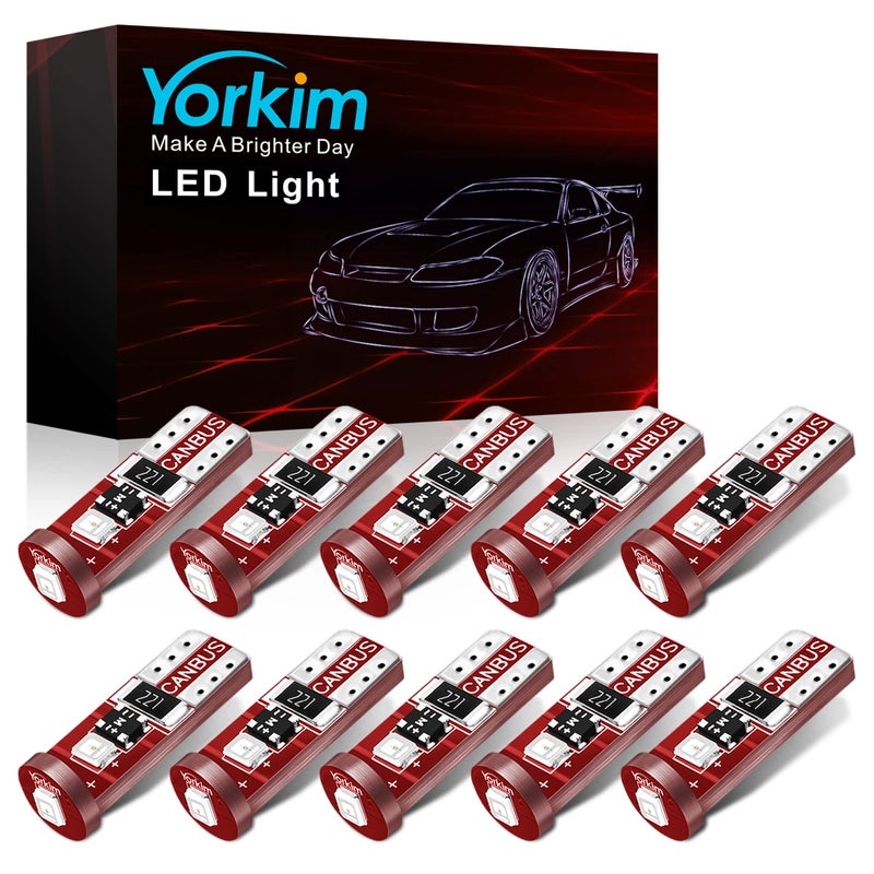 لمبة يوركيم 194 LED حمراء خالية من أخطاء Canbus 3SMD 2835 لمبات T10 حمراء للإضاءة الداخلية للسيارة، إضاءة القبة، خريطة، باب، إضاءة ترخيص، صندوق الأمتعة مع مقبس 194 168 W5W 2825 عبوة من 10