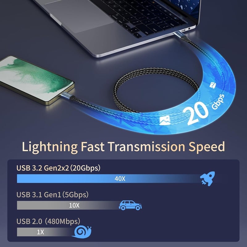 ZeroneTeck USB C Cable 3ft, USB C 3.2 Gen 2X2 Cable, 4K Monitor Video Output, 20Gbps High Speed Data Transfer, 100W Fast Charging for Carplay iPhone 16, MacBook, Dell, ARZOPA, KYY for Portable Monitor - Image 2
