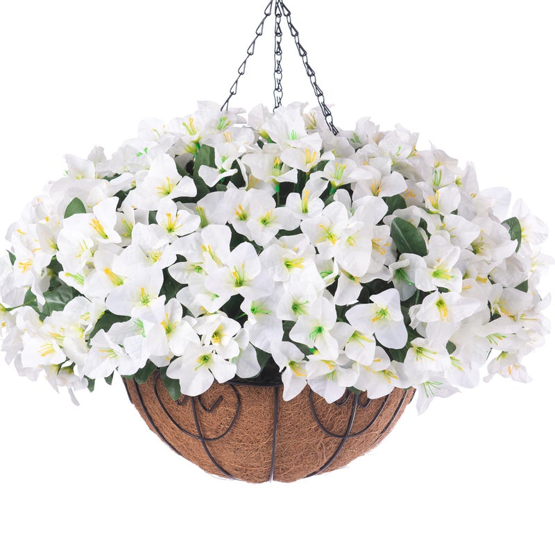 HyeFlora Artificial Hanging Flowers Faux Plants Basket for Outdoors Spring Summer Decor, Fake Silk Bougainvillea in Planter Outdoor Look Real UV Resistant Faux Flower for Outside Porch Patio Garden Home, White - Image 1