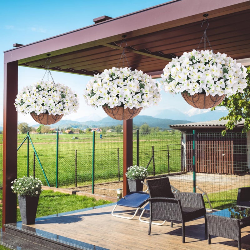 HyeFlora Artificial Hanging Flowers Faux Plants Basket for Outdoors Spring Summer Decor, Fake Silk Bougainvillea in Planter Outdoor Look Real UV Resistant Faux Flower for Outside Porch Patio Garden Home, White - Image 3