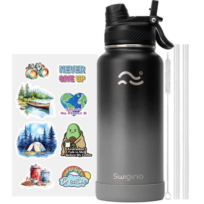 Swigina [2-IN-1 LID] Insulated Water Bottle with Silicone Boot (36hrs Cold/18hrs Hot) - DIY Stickers, Leakproof, BPA Free, 32 oz - Image 1