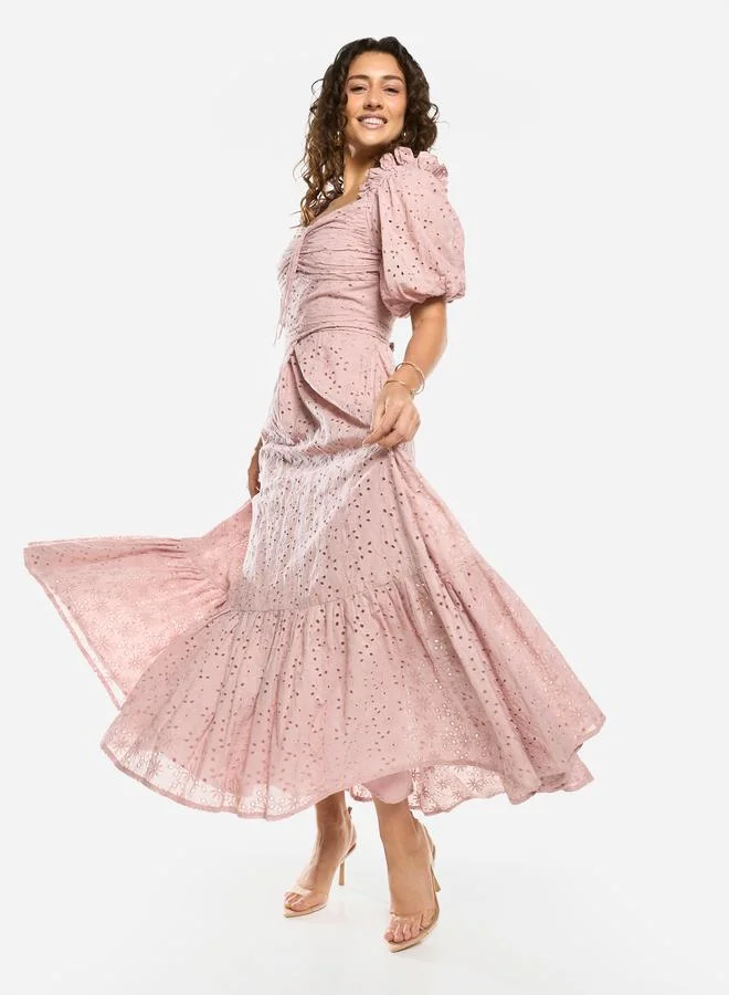 House of Moda Schiffli Puff Sleeves A-Line Maxi Dress