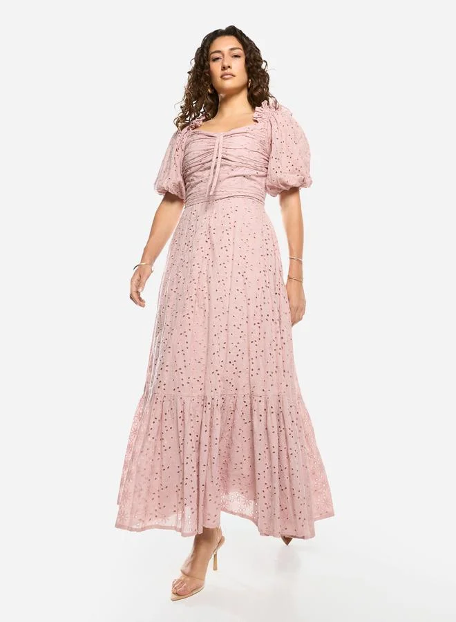 House of Moda Schiffli Puff Sleeves A-Line Maxi Dress