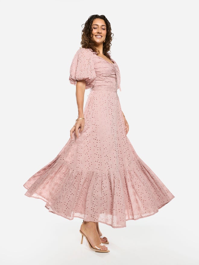 House of Moda Schiffli Puff Sleeves A-Line Maxi Dress - Image 4